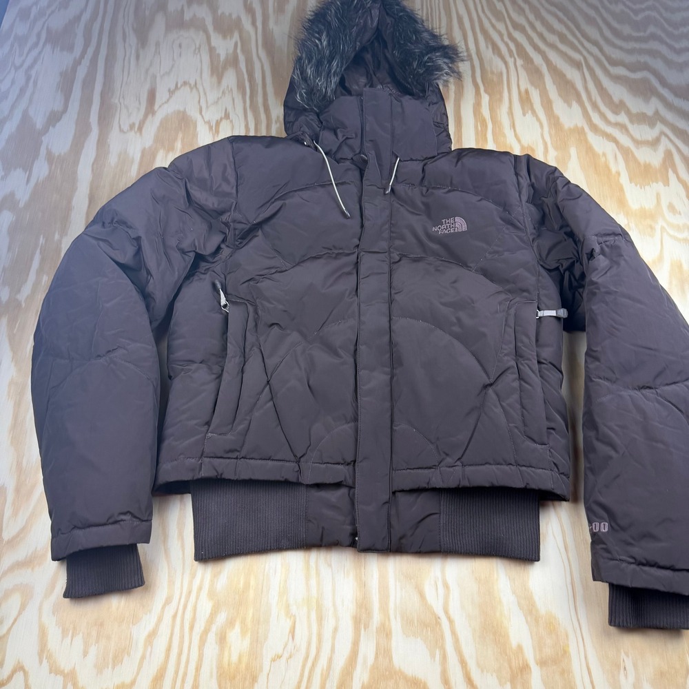 The North Face 600 Down Bomber Jacket Brown Faux Fur Hood Women Large
